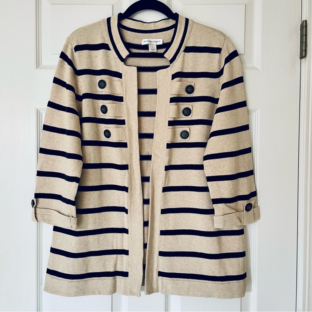 EUC Christopher & Banks Striped Open Front Cardigan 3/4 Sleeve Button Detail